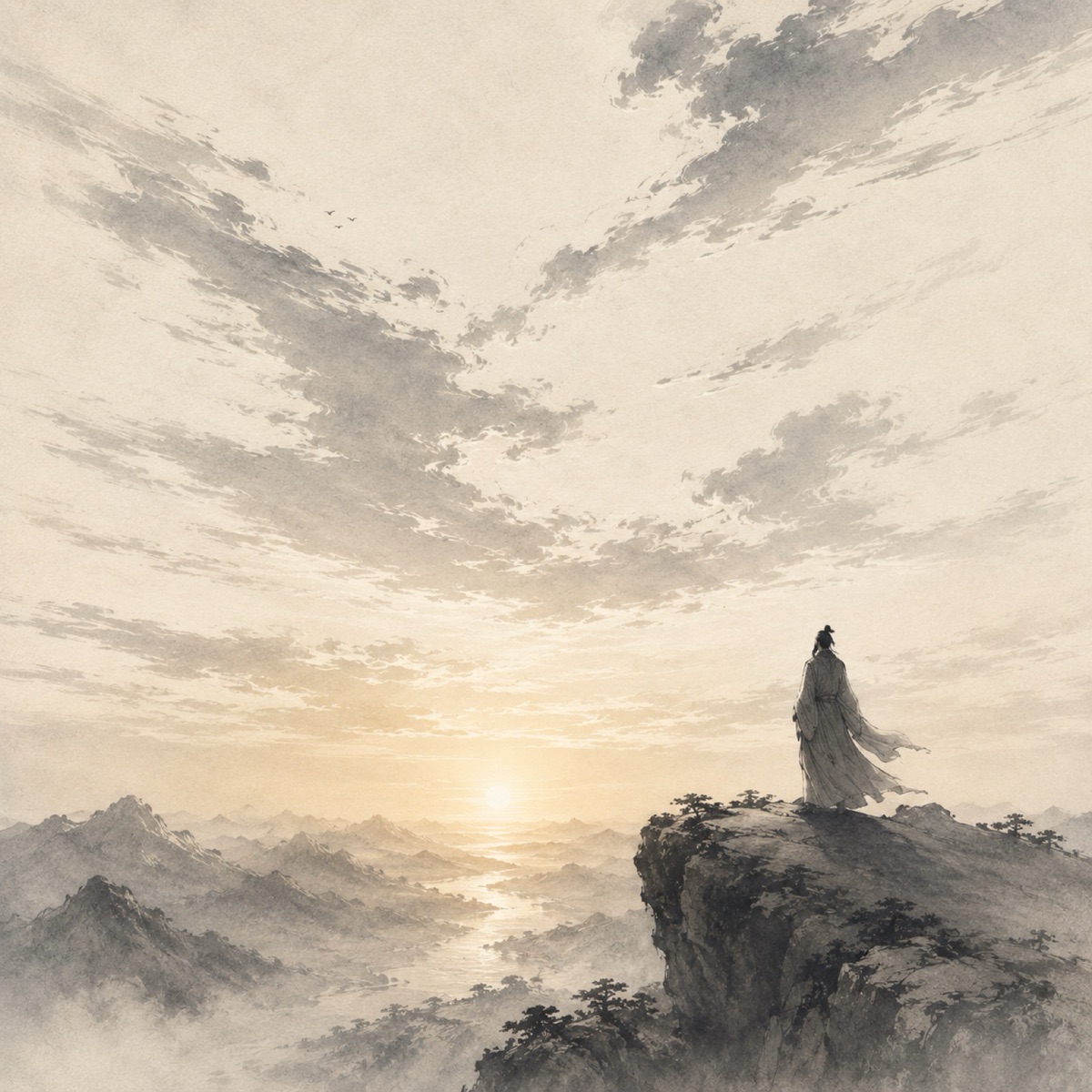 Sunrise over a mountain ridge — visual meditation on Hexagram 1, The Creative.