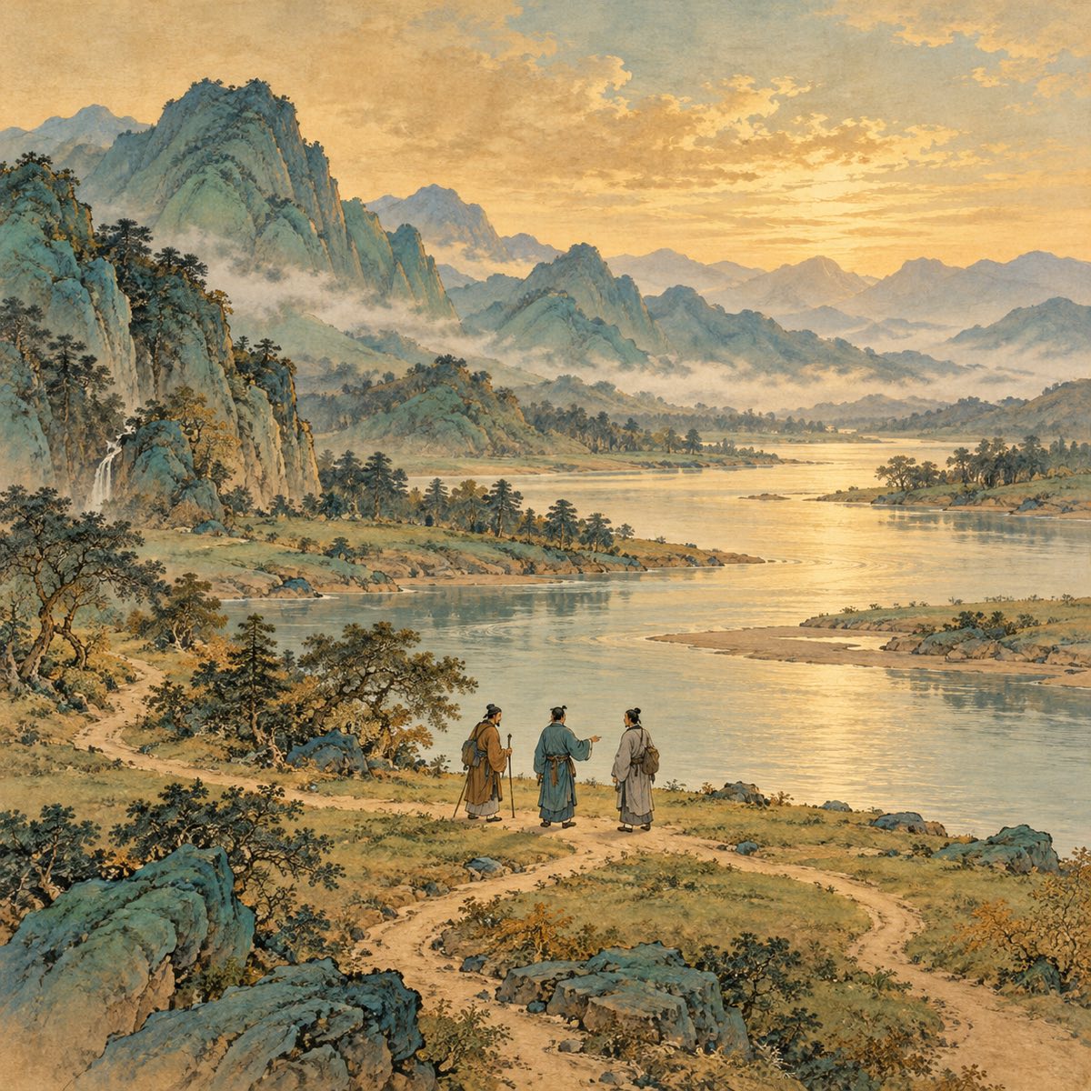 Three travelers meeting beside a broad river, finding common ground in open country.