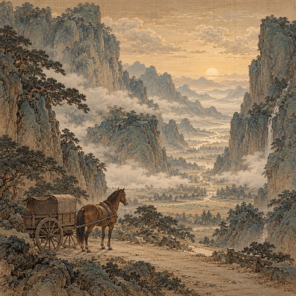 A harnessed horse and carriage waiting on a mountain road — Hexagram 26, Great Taming.