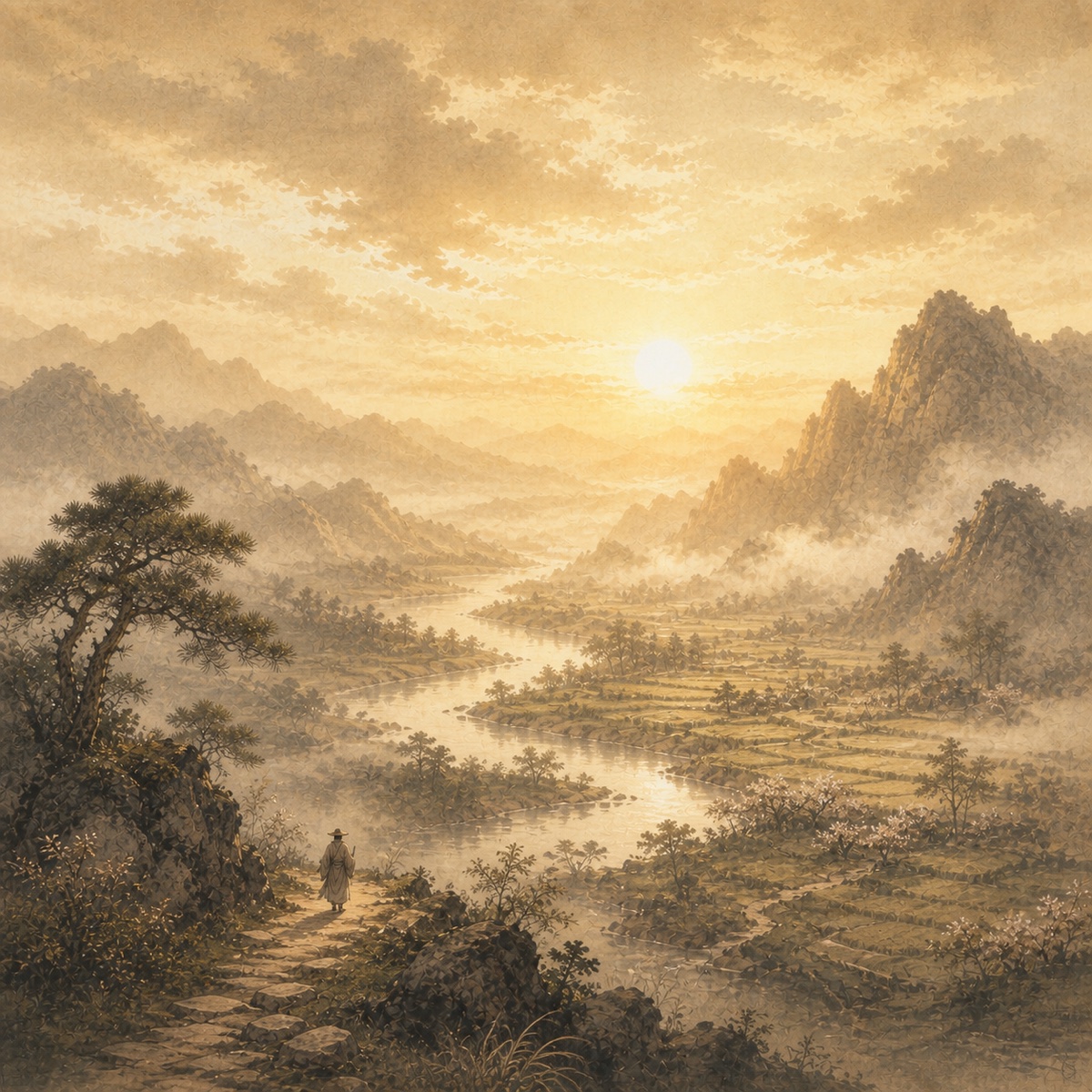 Sunrise revealing a mountain valley — visual meditation on Hexagram 35, Progress.