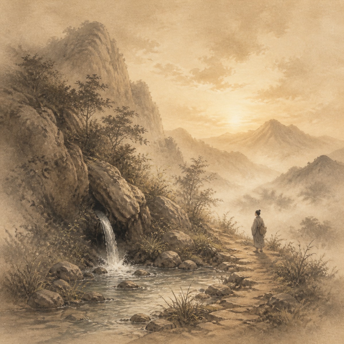 A spring welling up at the foot of a misty mountain as a young traveler pauses on the path — visual meditation on Hexagram 4, Youthful Folly.