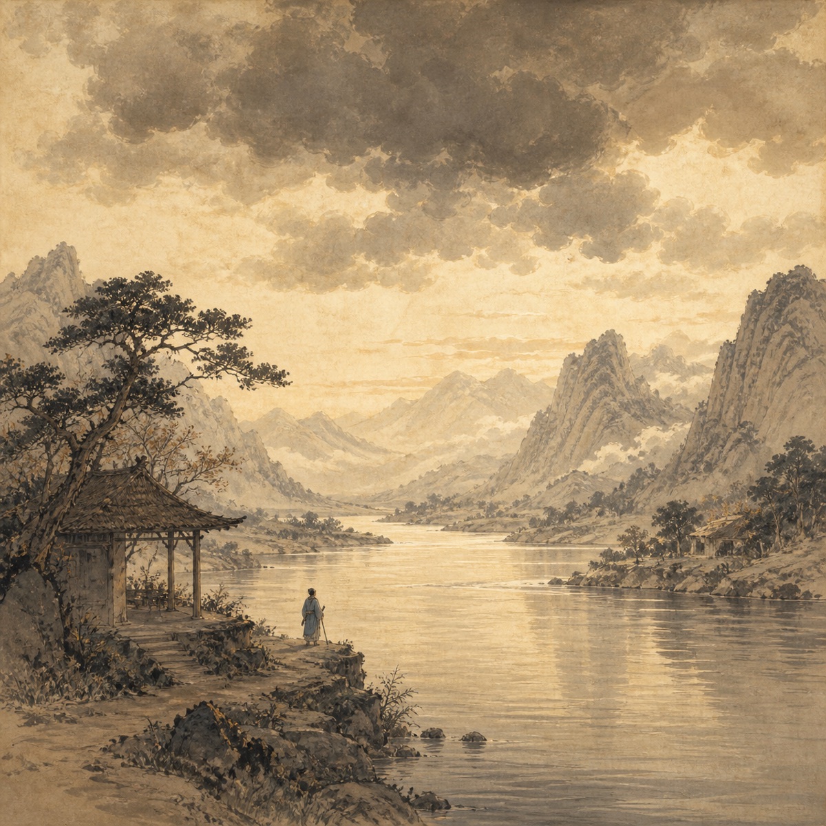 A traveler waits beside a broad river beneath gathering clouds — visual meditation on Hexagram 5, Waiting.