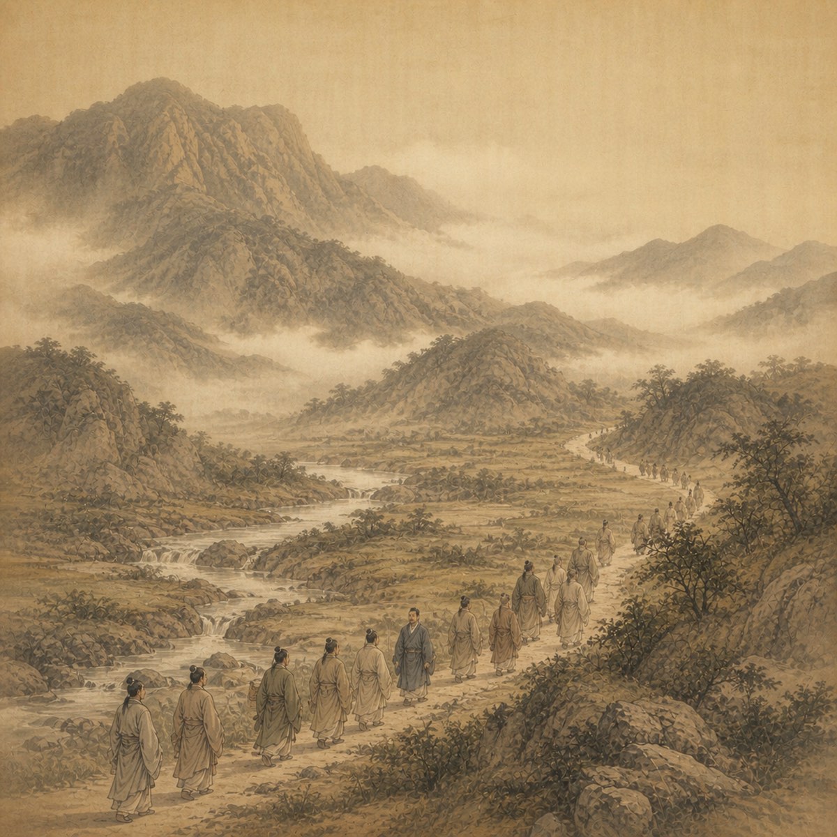 An orderly procession crossing a broad landscape — visual meditation on Hexagram 7, The Army.