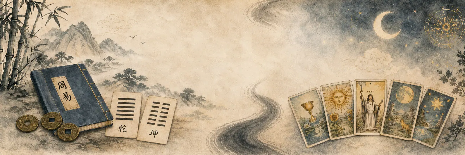 An I Ching text and hexagram beside Tarot cards, set in a parchment-toned landscape