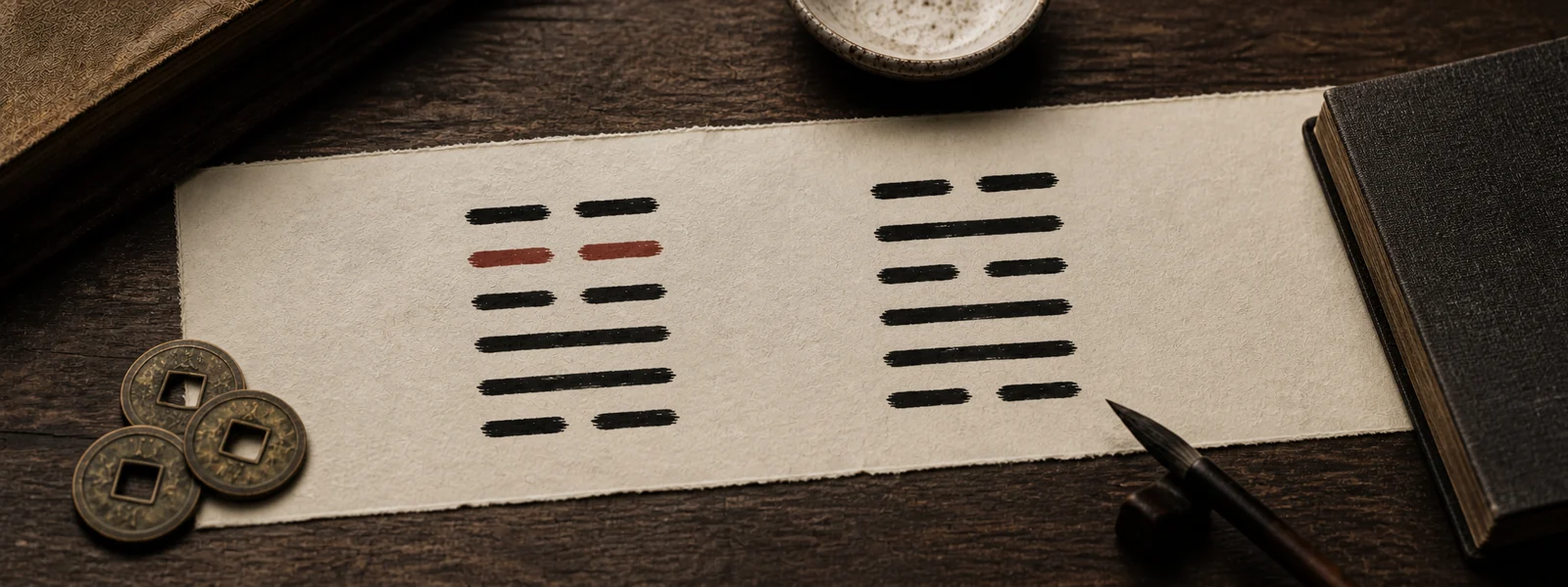 Three antique coins, Hexagram 46 with its fifth line marked, and Hexagram 48 painted on handmade paper beside a brush and journal